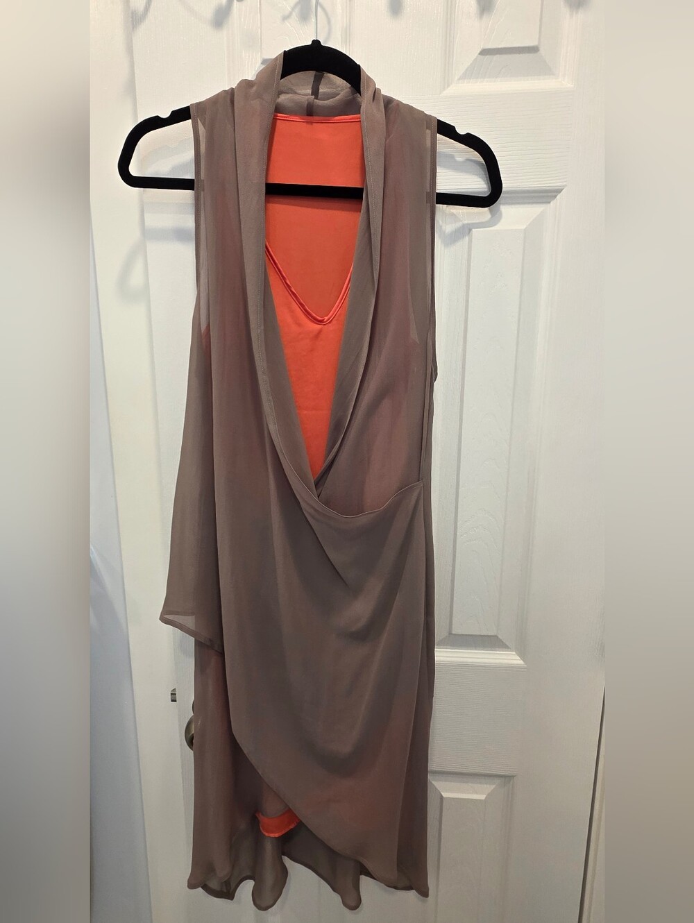 Asymmetrical Layered Sleeveless Dress in Taupe with Coral Lining